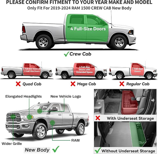 YITAMOTOR Floor Mats Compatible with 2019-2024 Dodge Ram 1500 Crew Cab (New Body), with 1st Row Bucket Seats, No Rear Under Seat Storage Box, Custom Fit Floor Liners 1st & 2nd Row