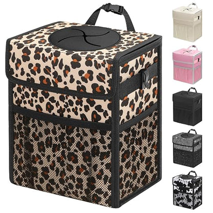 Capolo Car Trash Can with Lid, Leakproof Car Trash Bag Hanging Waterproof Automotive Garbage Can with Storage Pockets Mini Vehicle Trash Bin for Back/Front Seat(Leopard,2.5 Gallon)