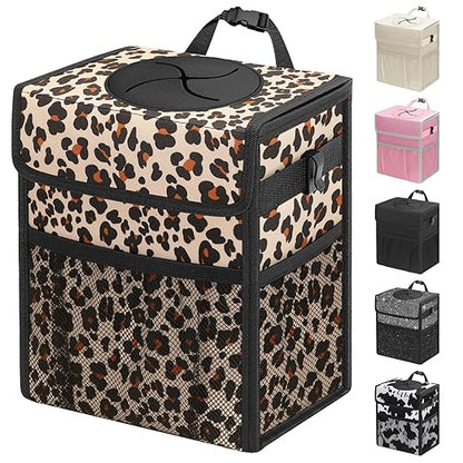 Capolo Car Trash Can with Lid, Leakproof Car Trash Bag Hanging Waterproof Automotive Garbage Can with Storage Pockets Mini Vehicle Trash Bin for Back/Front Seat(Leopard,3 Gallon)
