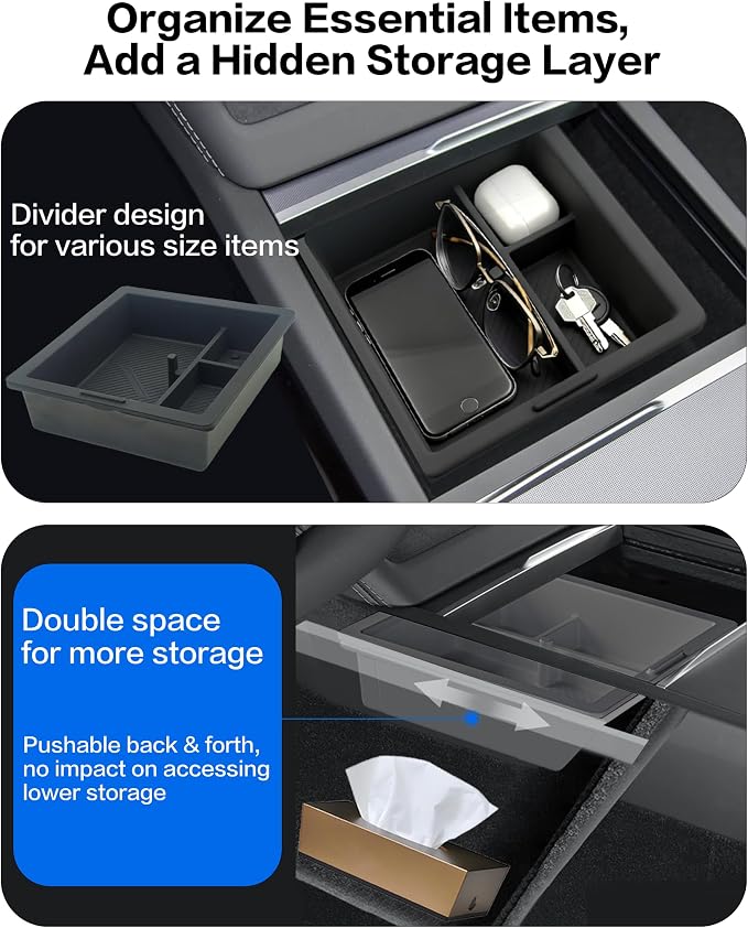 for Tesla Model Y 2025 2026 Juniper & Model 3 2024 Highland Center Console Organizer [Double Layer Space, Slide Smoothly (Model 3&y, 4P)