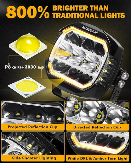 Auxbeam 5Inch LED Offroad Lights, 270° Ultra-Wide Ditch Lights Side Shooter Driving Pods with W/A DRL+Turn Signal Light, 174W XP-Ultra Series Spot Flood Combo Cube Fog Light with Yellow/Black Cover