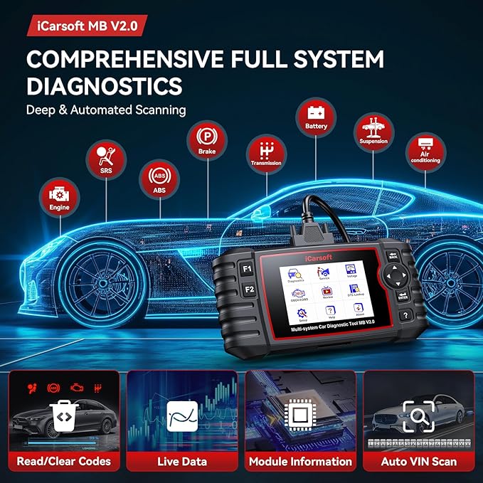 iCarsoft MB V2.0 OBD2 Scanner for Most Mercedes Benz from 1996-2023 Full System Diagnostic Scan Tool 9 Reset AutoVIN Oil/BMS/SAS/EPB/ETC/BLD/INJ/SAS Etc. Free Update Car Code Reader with Battery Test