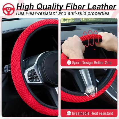 Alpmosn Elastic Stretch Steering Wheel Cover, Universal Interior Accessories Steering Wheel Cover for Women & Men, Breathable Microfiber Ice Silk, Anti-Slip, Odorless, Easy Carry(Red)
