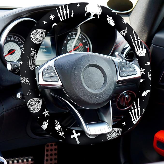 4 Pieces Black Moons White Stars Print Car Accessories Set Black Moons White Stars Steering Wheel Cover with 2 Pieces Car Cup Holder and Leather Keyring for Truck SUV(Horror Pattern)