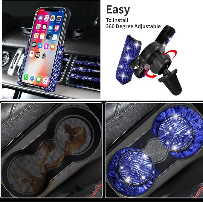 CAR PASS 23 PCS Bling Diamond Car Accessories Set for Women, Leather Seat Covers Full Set Sparkly Rhinestone15'' Steering Wheel Covers Shining Diamond Floor Mats Cute Car Interior Sets,Blue