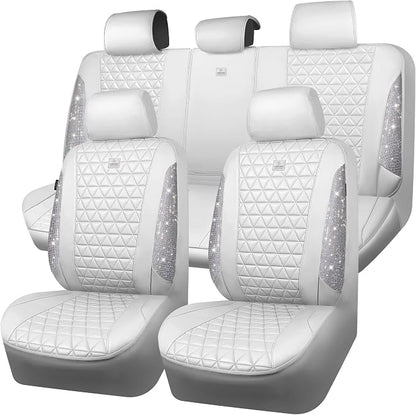 CAR PASS All White Bling Diamond Leather Car Seat Covers Full Sets,Waterproof Shining Glitter Sparkly Crystal Universal Fit for Automotive Truck SUV Cute Women Girl Airbag Compatable,Sliver Rhinestone