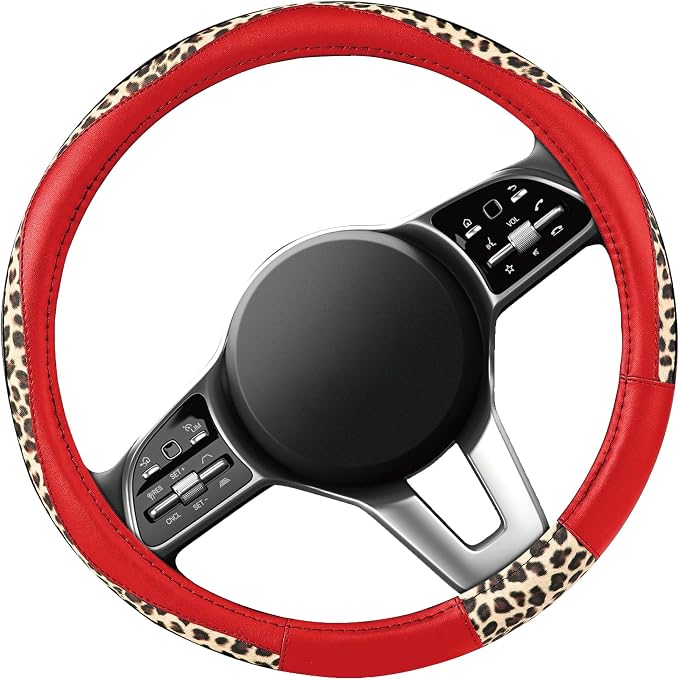 Road Comforts Steering Wheel Cover - Made with PVC Leather and Leopard Fabric - Universal 14 1/2 inches to 15 inches for Most Automotive Steering Wheel - Cheetah Print -Red