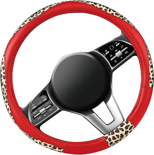 Road Comforts Steering Wheel Cover - Made with PVC Leather and Leopard Fabric - Universal 14 1/2 inches to 15 inches for Most Automotive Steering Wheel - Cheetah Print -Red