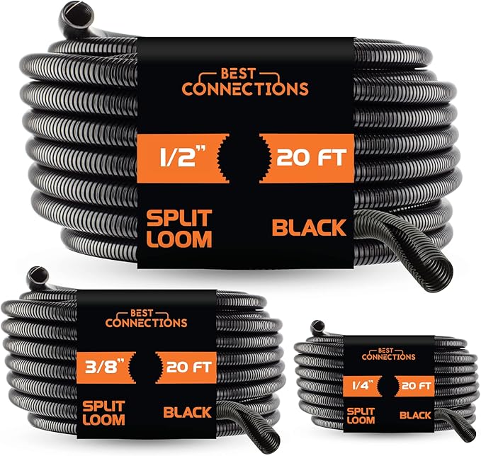 BEST CONNECTIONS 3-Pack (1/4", 3/8", 1/2" x 20 ft Each) Assorted Split Wire Loom Flex-Guard Convoluted Tubing – Protective Split Cable Sleeves/Conduit for Automotive Home Industrial Electrical – Black
