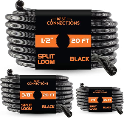 BEST CONNECTIONS 3-Pack (1/4", 3/8", 1/2" x 20 ft Each) Assorted Split Wire Loom Flex-Guard Convoluted Tubing – Protective Split Cable Sleeves/Conduit for Automotive Home Industrial Electrical – Black