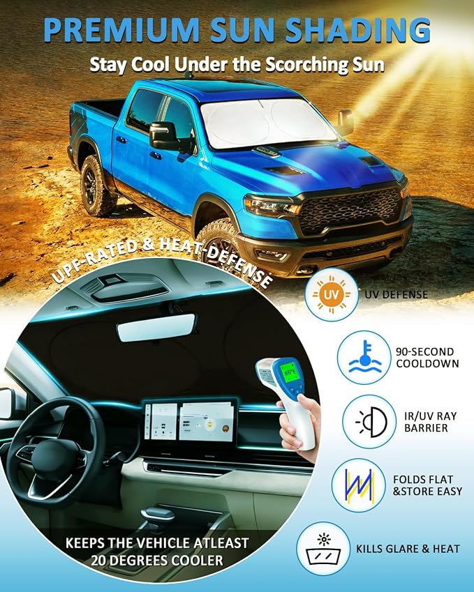 Sun Shade for Ram Windshield Sunshade for 2019-2025 Dodge Ram 1500 2Dr RegularCab, 4Dr QuadCab, CrewCab MegaCab Accessorie Front Window Cover Suncreen Shield Sun Visor Protector Keep Interior Cool