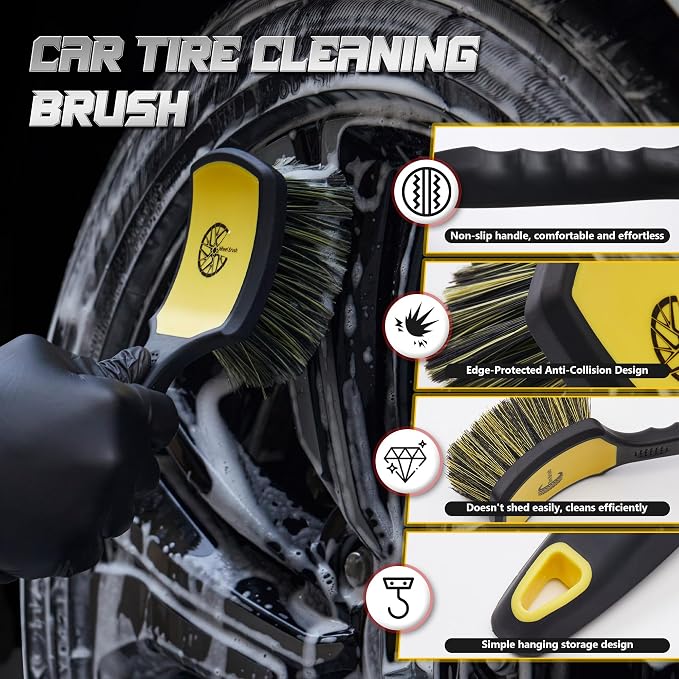 BMLEI Wheel & Tire Brush Set, 2 Pack Car Wheel Brush & Tire Cleaner Brushes, Soft Bristle Rim Brush and Stiff Tire Scrub Brush, Scratch-Free Wheel Cleaning Kit for Car Detailing, Trucks, SUVs