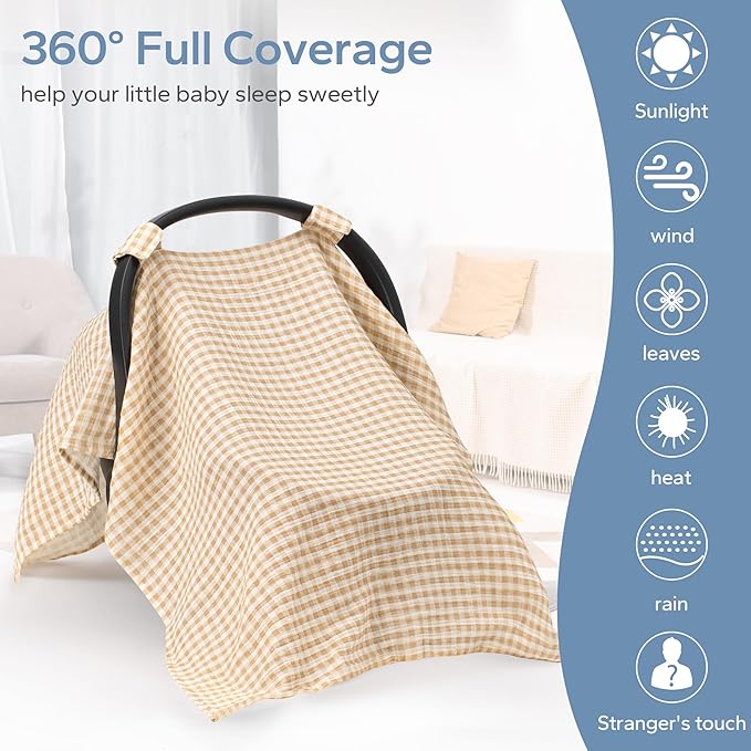 SERAPHY 100% Muslin Cotton Car Seat Covers for Babies, Universal Baby Car Seat Cover, Breathable Muslin Carseat Cover Canopies for Boys and Girls, Soft Infant Car Seat Cover for Summer — Beige