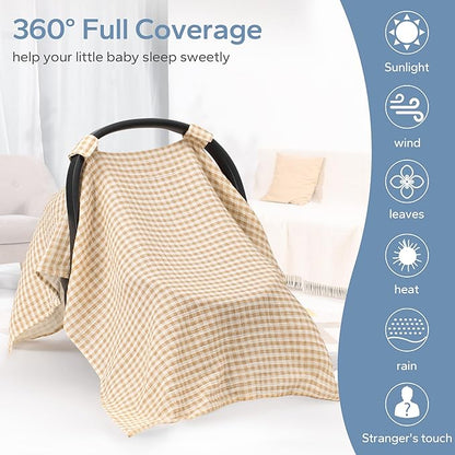 SERAPHY 100% Muslin Cotton Car Seat Covers for Babies, Universal Baby Car Seat Cover, Breathable Muslin Carseat Cover Canopies for Boys and Girls, Soft Infant Car Seat Cover for Summer — Beige