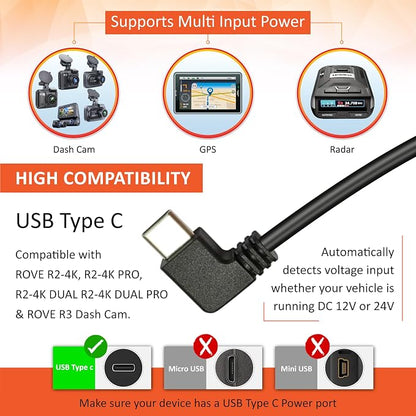 ROVE Ultimate Dash Cam Hardwire Kit with USB-C Port for R2-4K, R2-4K PRO, R2-4K Dual, R2-4K Dual PRO, and R3 Dash Camera Models, 24Hr Parking Monitoring Kit with Low Voltage Protection