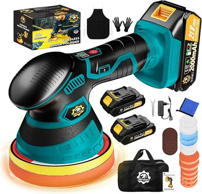 Cordless Car Buffer Polisher kit [2x 2000mAh 21V Batteries & 18 PCS Attachments] 6-Speed Orbital Design, LED Display, Lightweight Detailing Tool for Waxing, Polishing & Scratch Removal-Blue