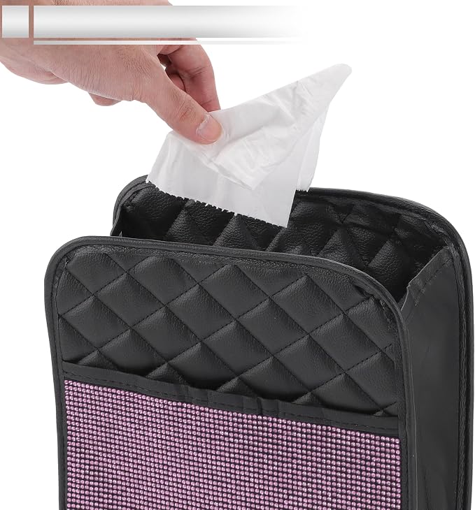 1 Pcs Universal Car Trash Can Hanging 10.2" Length 3.5" Width 10.2" Height Trash Bin Pink Black Faux Leather Rhinestone