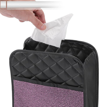 1 Pcs Universal Car Trash Can Hanging 10.2" Length 3.5" Width 10.2" Height Trash Bin Pink Black Faux Leather Rhinestone