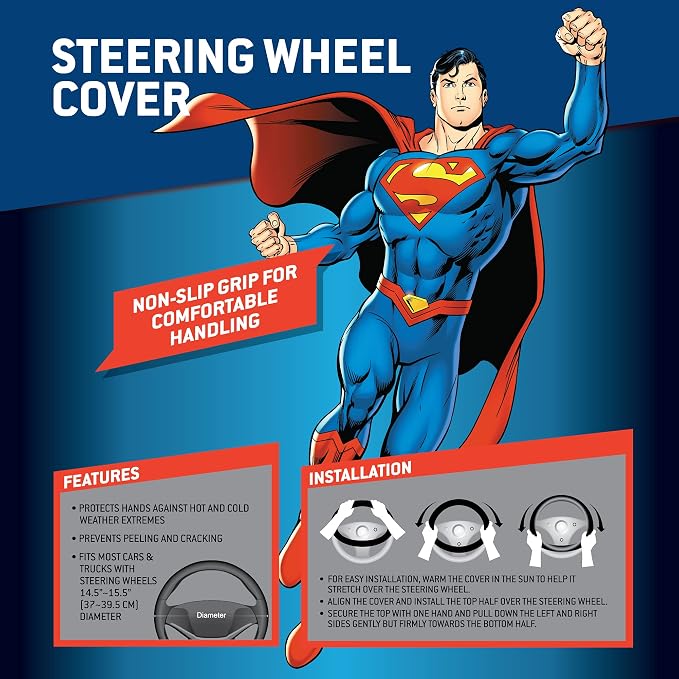 Warner Bros DC Comics Superman Car Accessories Ergonomic Grip Steering Wheel Cover - Universal Size 14.5-15.5 in Diameter, Protects and Insulates for Car, Truck, Van, SUV