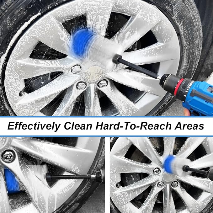 Wheel Brush Kit, Soft Drill Wheel Cleaner Brush, No Scratches Highly Dense Car Cleaning Brush Set for Wheels, Rims, Engines, Exhaust(Blue/White,2Pcs)