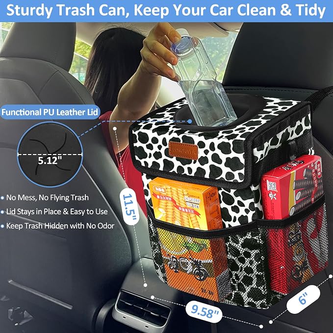 ELONGRIVER Car Trash Can Bin for Back Seat Leak Proof, Cute Car Trash Bag Hanging, Vehicle Trash Can for SUV Truck Van, Automotive Garbage Cans Front Seat Cow Print