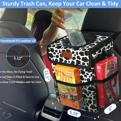 ELONGRIVER Car Trash Can Bin for Back Seat Leak Proof, Cute Car Trash Bag Hanging, Vehicle Trash Can for SUV Truck Van, Automotive Garbage Cans Front Seat Cow Print