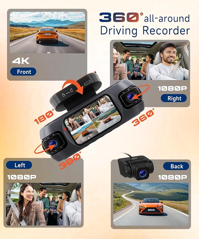4K 360° Dash Cam 4-Channel Front/Rear/Inside/Side Car Dash Camera with WiFi, APP Control, Built-in GPS,128GB SD Card Included, 8 IR Night Vision, G-Sensor, 24/7 Parking Mode