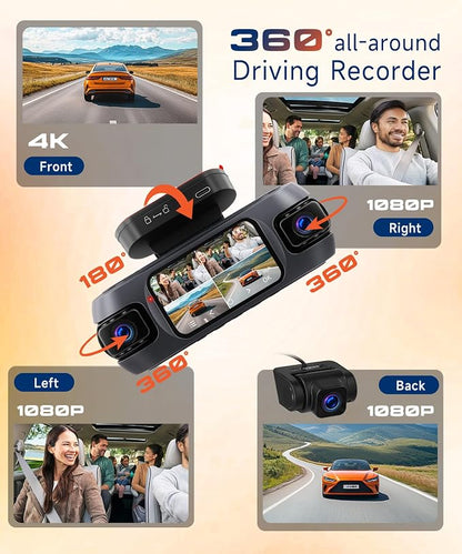 4K 360° Dash Cam 4-Channel Front/Rear/Inside/Side Car Dash Camera with WiFi, APP Control, Built-in GPS,128GB SD Card Included, 8 IR Night Vision, G-Sensor, 24/7 Parking Mode