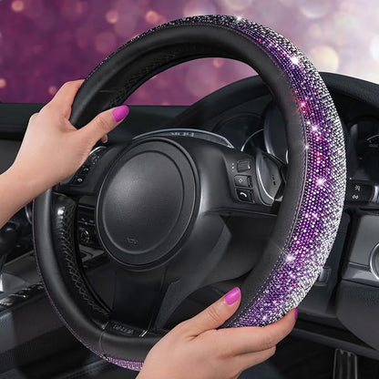 CAR PASS Bling Diamond Leather Steering Wheel Cover, Bling Sparkly Crystal Glitter Rhinestones Universal Fit 14" 1/2-15" Car Wheel Protector for Women Girl Fit Suvs,Vans,Sedans,Trucks, Purple Silver