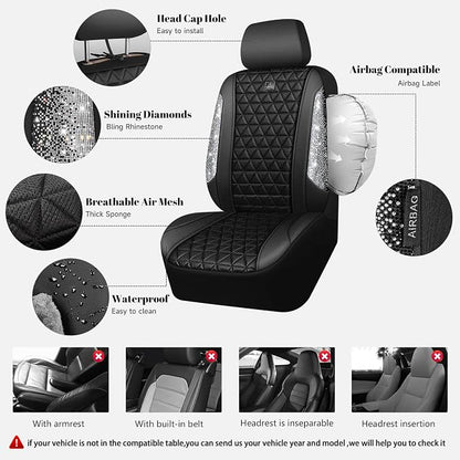 CAR PASS 3D Air Mesh Seat Covers for Cars, Bling Diamond Leather Foam Car Seat Covers for 2 Front Interior Sets, Automotive seat Covers Universal Fit Truck SUV Cute Women Girl, Black Silver Rhinestone