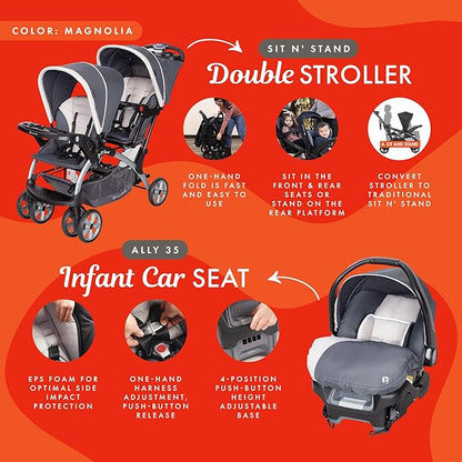 Baby Trend Infant and Toddler Double Stroller & 2 Car Seat Combo, 3 Pc Set, Magnolia - Portable and Lightweight Stroller Duo and Car Seat Travel System Tandem