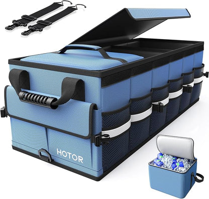 HOTOR Car Trunk Organizer - Trunk Organizer for SUV with Removable Cooler Bag, Foldable Cover, 3 Compartment Car Storage Essential Car Accessories for Truck, Van & Sedan, Blue, 33.1" x 12.6" x 11.0"
