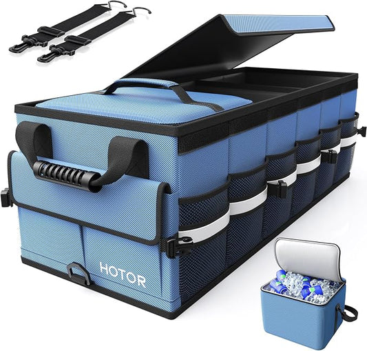 HOTOR Car Trunk Organizer - Trunk Organizer for SUV with Removable Cooler Bag, Foldable Cover, 3 Compartment Car Storage Essential Car Accessories for Truck, Van & Sedan, Blue, 33.1" x 12.6" x 11.0"