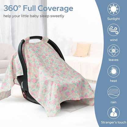 SERAPHY 100% Muslin Cotton Car Seat Cover Baby, 2 Pack Universal Carseat Covers Baby Boy Girl, Breathable Car Seat Canopy, Soft Infant Car Seat Cover for Summer and Winter—2 Pcs Pink&Flowers