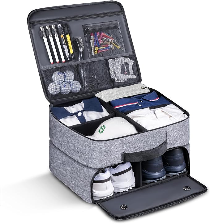 Golf Trunk Organizer 2 Layer, Car Golf Organizer with Ventilated Compartment for 2 Pair Shoes, Golf Trunk Storage Locker for Golf Accessories, Balls, Tees, Clothes, Gloves, Golf Gifts for Men