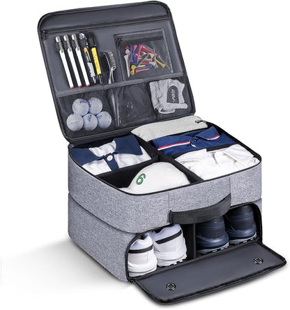 Golf Trunk Organizer 2 Layer, Car Golf Organizer with Ventilated Compartment for 2 Pair Shoes, Golf Trunk Storage Locker for Golf Accessories, Balls, Tees, Clothes, Gloves, Golf Gifts for Men