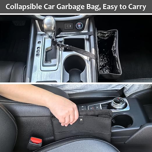 Accmor Car Trash Can with Pocket, Small Vehicle Dustbin Automotive Garbage Organizer Bin with 60 Pcs Trash Bags, Hanging Cars Storage Container for SUV Vans (Black)