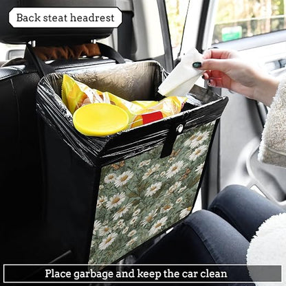 Car Trash Can Organizer Bin with Adjustable Strap for Back Front Seat Console Waterproof Leakproof Collapsible Portable 11 Inch Summer Daisy Butterfly Green