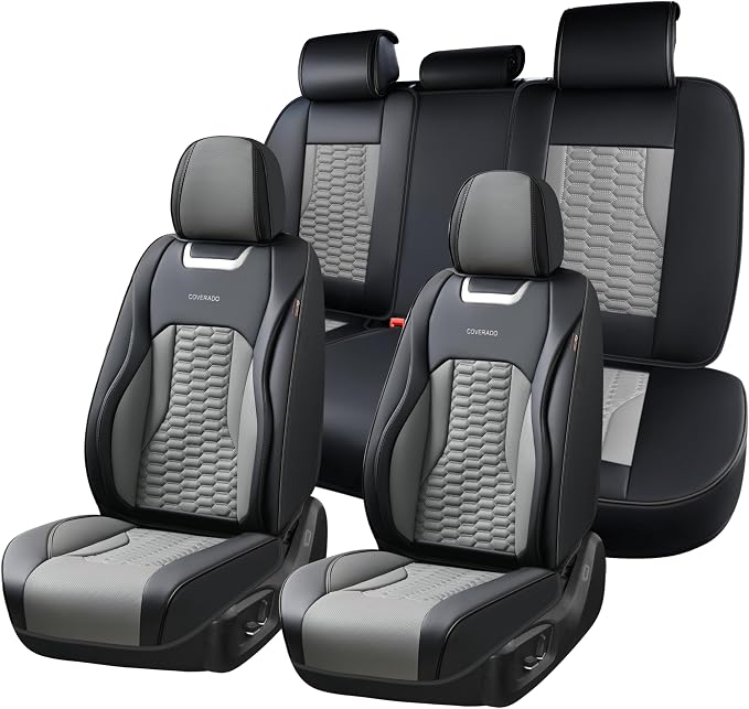 Coverado Car Seat Covers Full Set, 5 Seats Nappa Leather Seat Covers for Cars, Waterproof Automotive Car Seat Covers Interior Accessories Universal Fit Most Sedans, SUVs, Pick-up Trucks(Black&Gray)