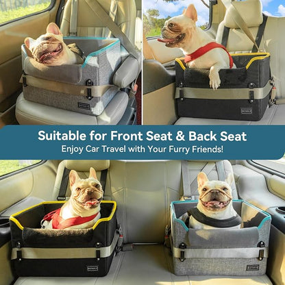 PETSFIT Dog Car Seats for Small Dogs – Patented Safety Buckles – Safety Tether – Foldable Travel Dog Booster Car Seat Reduces Anxiety & Road Trips – Stable Frame, Soft Cushion, Fits Front/Back Seat