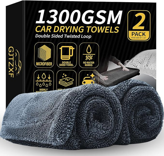 2 Pack Double-Twist Pile 1300gsm Microfiber Car Drying Towel, (36"X24") Extra Large Highly Absorbent Drying Towel, Lint‑free & Scratch‑free Car Wash Towels for Auto Detailing, Cars Wash, SUV, Trucks