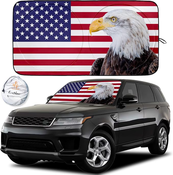 EcoNour 240T Windshield Sun Shade – American Flag & Bald Eagle – UV & Heat Protection for Cars, Interior Cool Trucks, SUVs – Foldable Reflective Sun Visor (64" x 34")