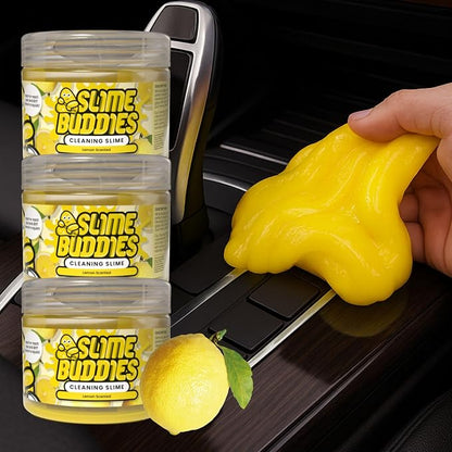Slime Buddies Car Cleaning Gel Putty - 3 Pack Lemon Scented Interior Detailing Tool for Cup Holder, Air Vent & Keyboard - Reusable Auto Detailing Accessories - Dust Remover Goop - Gifts for Men Women