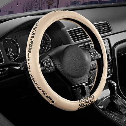 Road Comforts Steering Wheel Cover - Flat Bottom Wheel Cover Made with PVC Leather and Leopard Fabric - Universal Fit for 15-Inch D-Shaped Automotive Steering Wheels (Milky White)