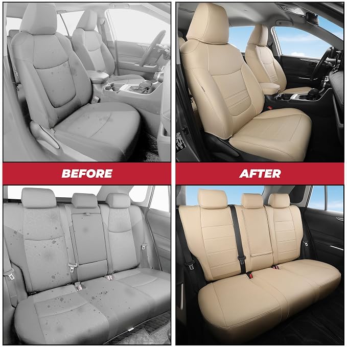 FREESOO RAV4 Seat Covers Full Set Custom Fit for Toyota Rav4(Only Hybrid) 2019 2020 2021 2022 2023 2024 2025 LE/XLE/XLE Premium/Limited, Faux Leather Car Seat Cover, Airbag Compatible, Beige