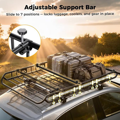 CAMMOO 64"x39" Roof Rack Basket, Removable Fairing & Support Bars for Kayaks/Long Gear, 20 Cu.Ft Waterproof Soft Bag+Lock+Net+Strap–200Lbs Capacity Car Roof Cargo Carrier for SUV Truck Camping
