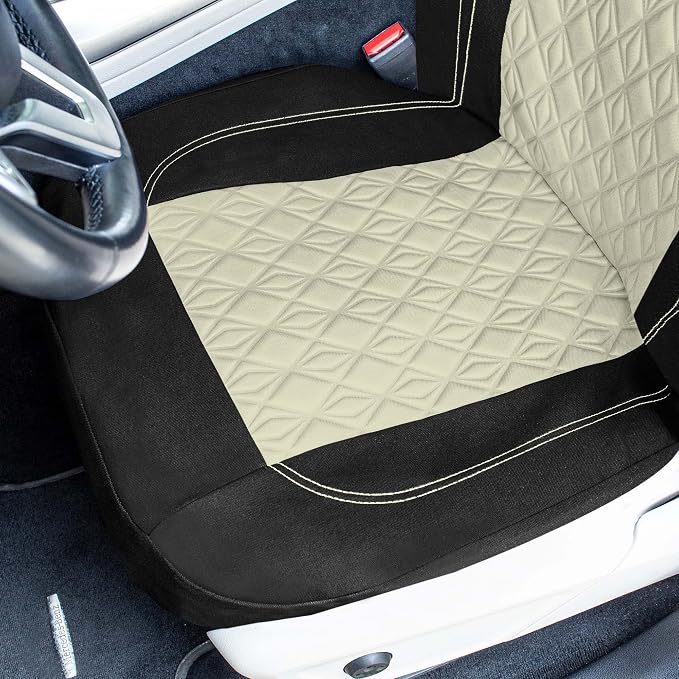 Universal Fit Diamond Stitched Flat Cloth Car Seat Covers Full Set - Beige