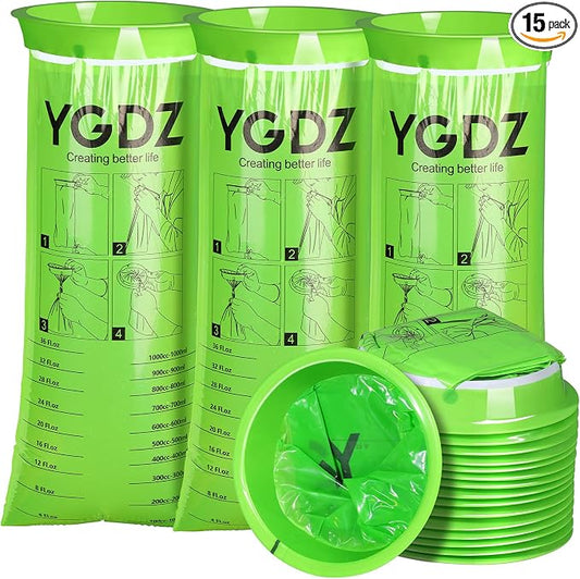 YGDZ Vomit Bags Disposable, 15 Pack Vomit Bags, 1000ml Barf Bags, Emesis Bags Disposable, Portable Throw Up Bags, Puke Bags for Car & Aircraft, Travel Motion Sickness, Taxi, for Kids, Adults, Green