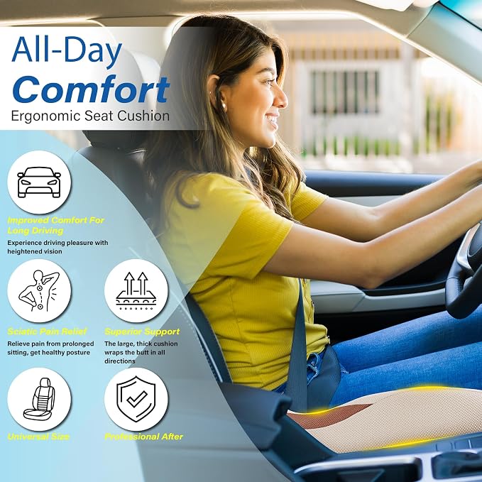 Car Seat Cushion: Ergonomic Memory Foam Car Cushion for Sciatica Pain Relief, Larger Driving Seat Pillow for Short Drivers on Long Drives - Butt Pillow for Truck, Office, Wheelchair - Beige