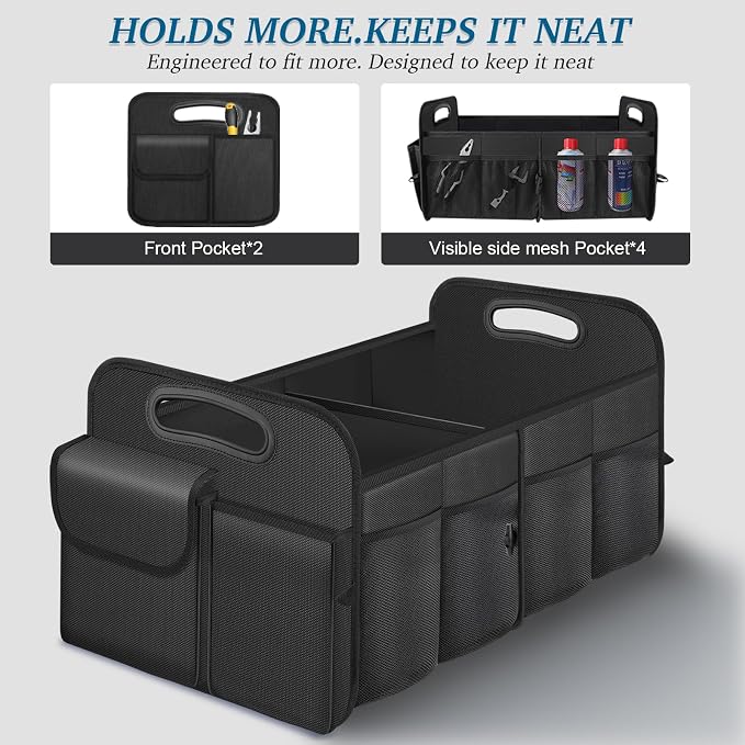 Trunk Organizer, Collapsible Waterproof car Trunk Organizer for SUVs & Sedans, Car Storage Organizers with Reinforced Handles, Car Accessories for Women and Men, 2 Compartments, 52L, Black